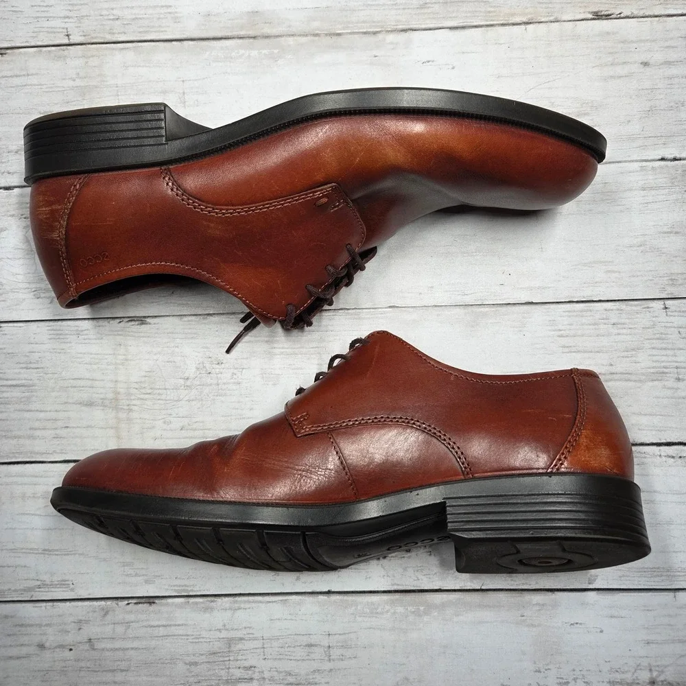 ECCO Plain Toe Derby Dress Shoes Mens 46 Cognac Brown Leather Lace Up